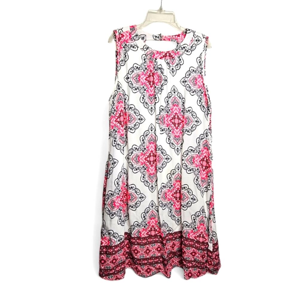 Pink Owl Apparel Womens Boho White Pink Black Sleeveless Shift Dress Size L